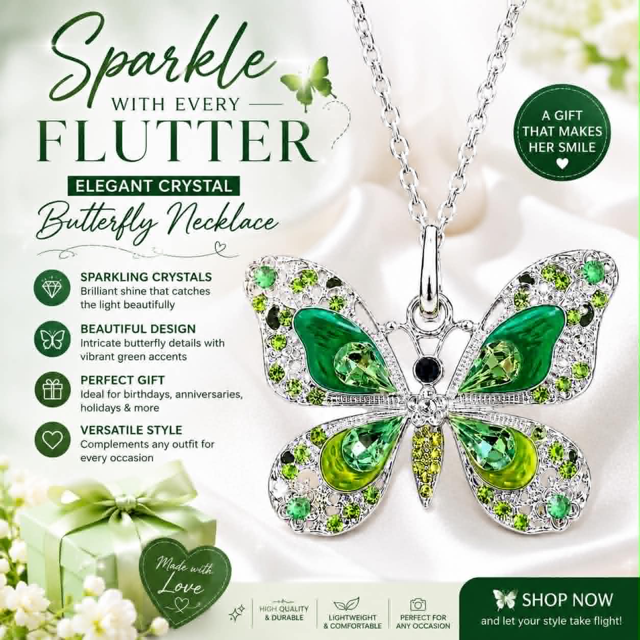 Green Crystal Butterfly Pendant Necklace for Women, Silver Tone Butterfly Jewelry with Rhinestones, Elegant Nature-Inspired Statement Necklace Gift for Her