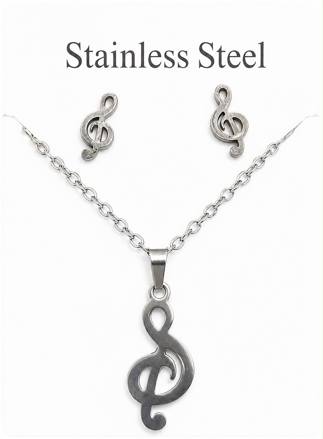 Stainless Steel Treble Clef Music Note Necklace and Stud Earrings Jewelry Set