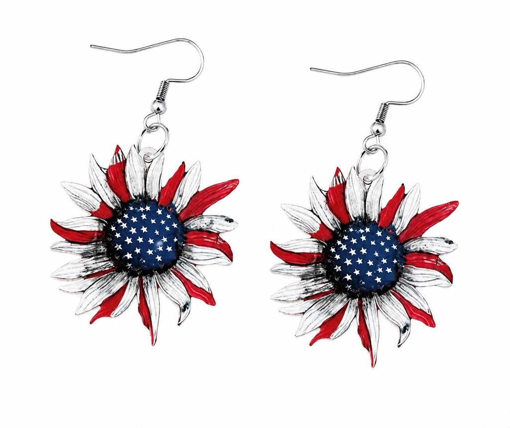 Patriotic Sunflower Dangle Earrings for Women, American Flag Red White Blue Floral Earrings, Fourth of July Independence Day Jewelry Gift