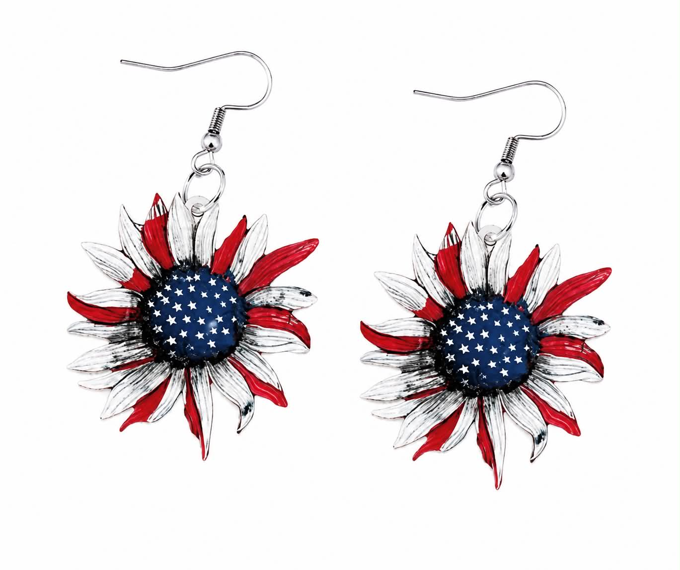 Patriotic Sunflower Dangle Earrings for Women, American Flag Red White Blue Floral Earrings, Fourth of July Independence Day Jewelry Gift