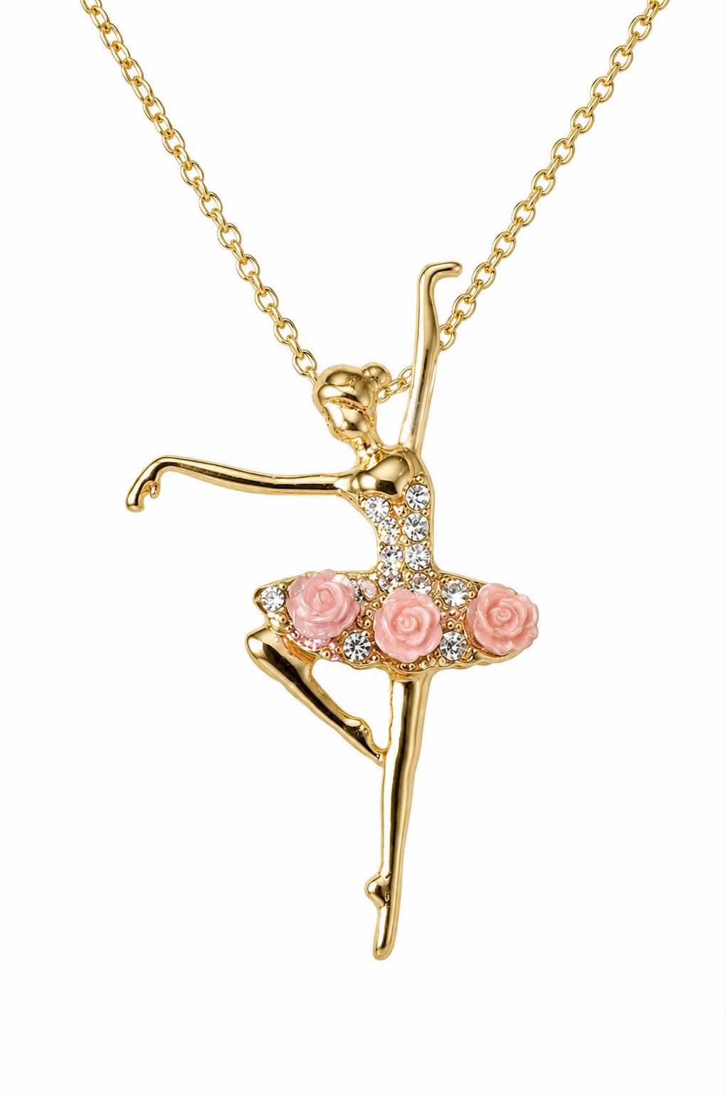Gold Tone Ballerina Pendant Necklace with Pink Rose Crystal Dress Ballet Dancer Jewelry