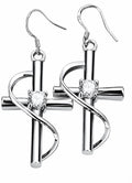 Silver Cross Dangle Earrings with Crystal Accent