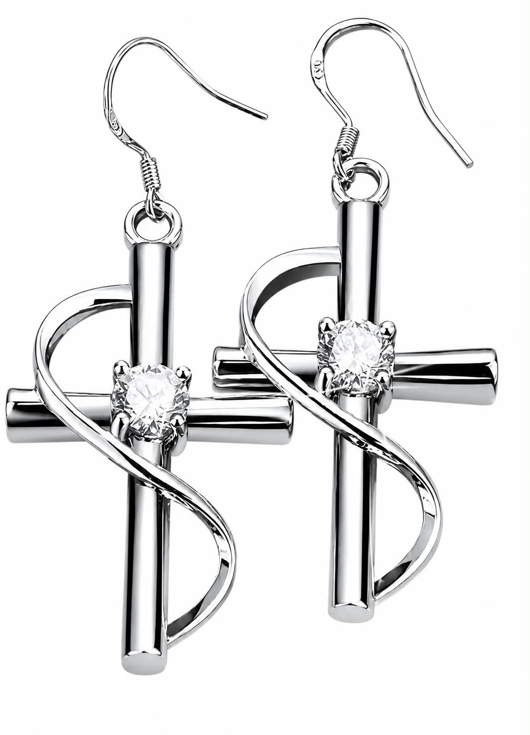 Silver Cross Dangle Earrings with Crystal Accent