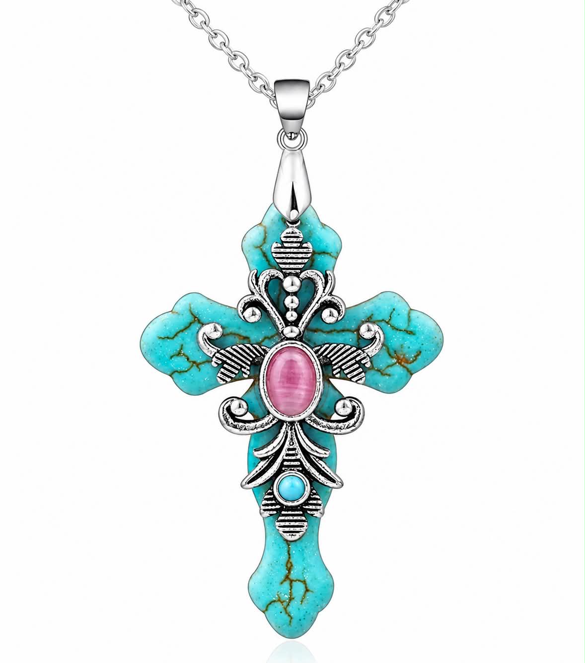 Turquoise Cross Necklace Western Vintage Faith Pendant