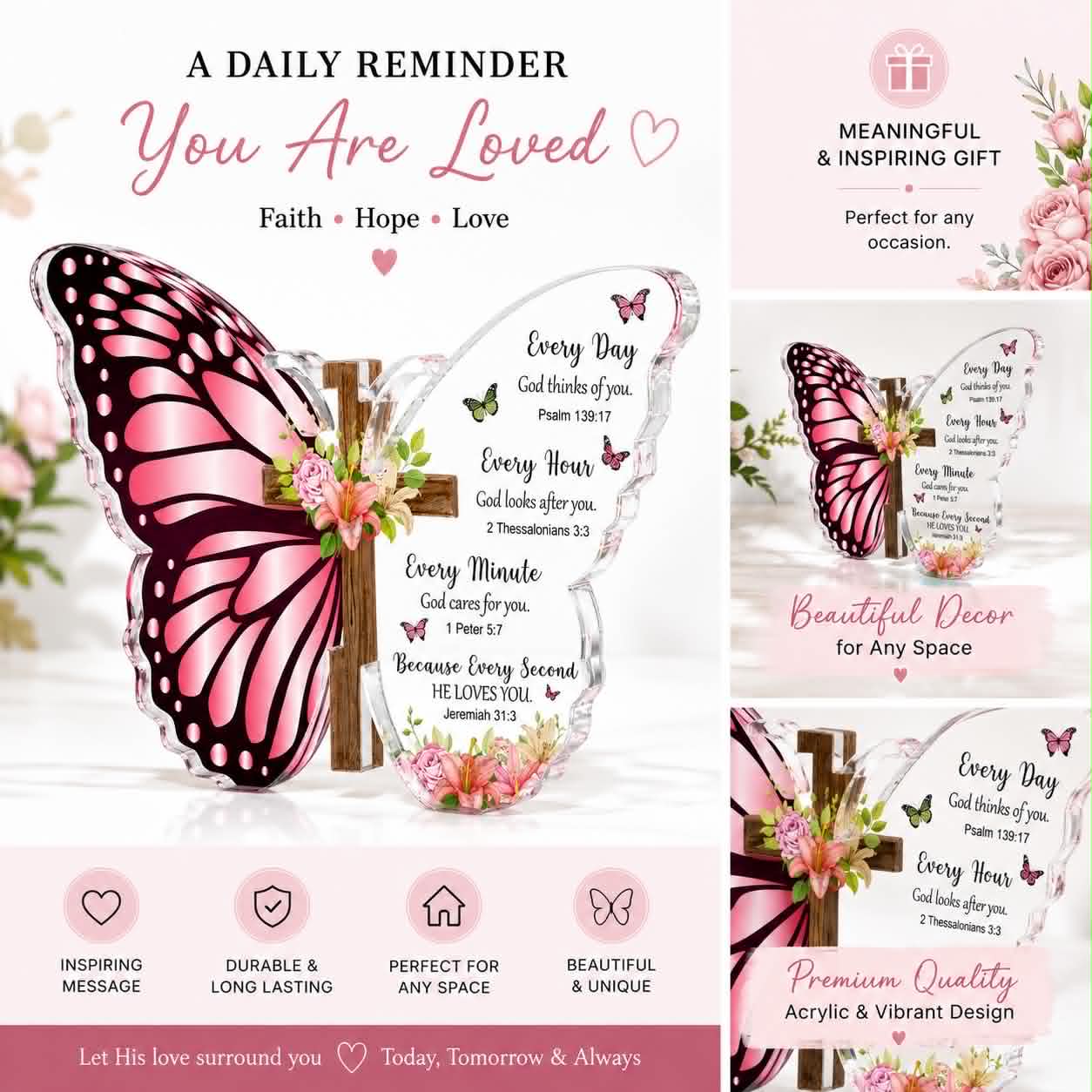 A Daily Reminder You Are Loved Inspirational Butterfly Cross Acrylic Plaque