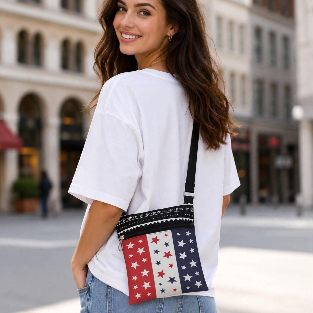Patriotic Crossbody Bag for Women American Flag Shoulder Purse with Adjustable Strap Lightweight Small Messenger Travel Bag