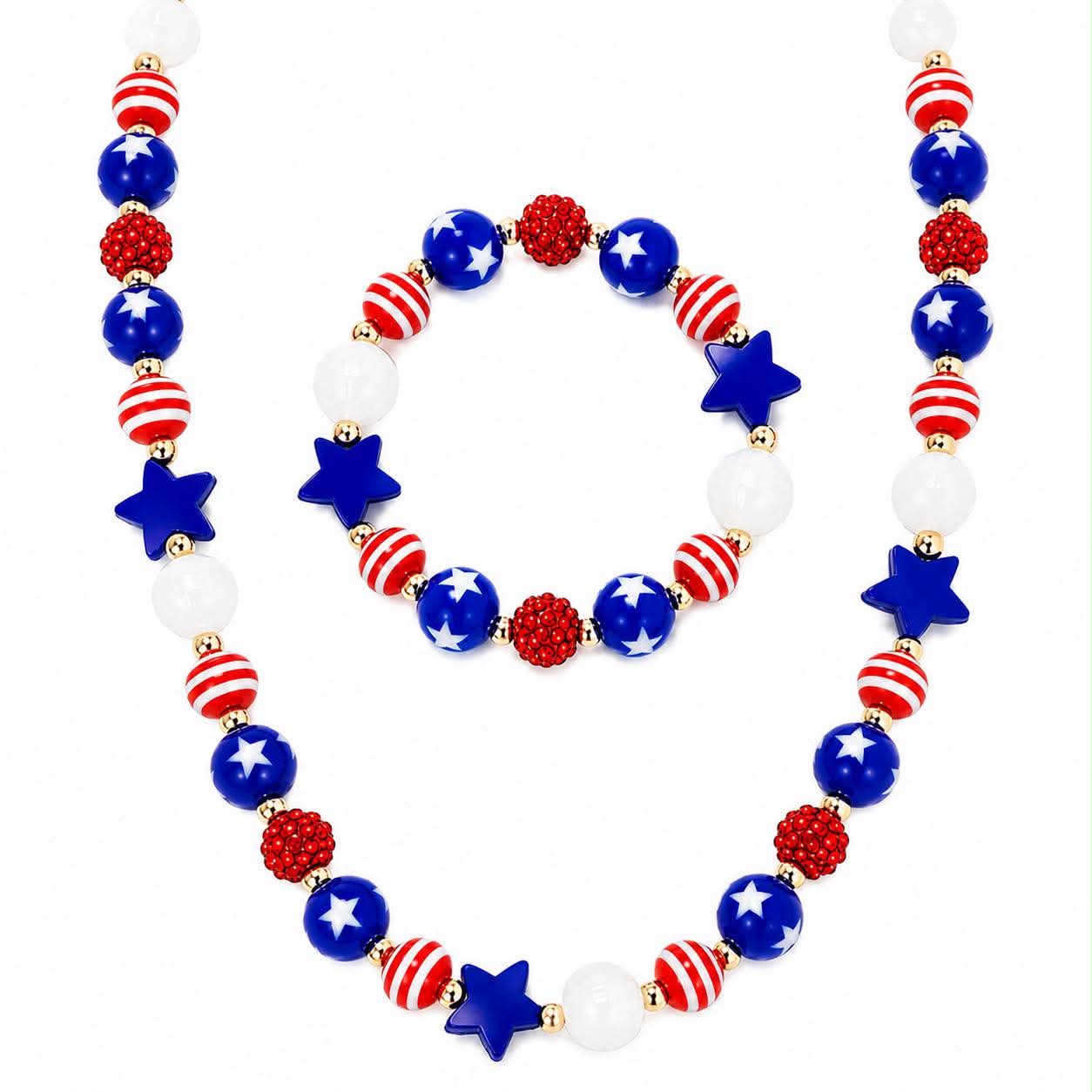 Patriotic Red White Blue Necklace and Bracelet Set for Girls & Women American Flag Beaded Jewelry Set 4th of July Accessories