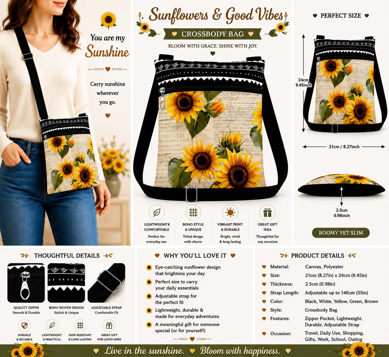 Sunflower & Black Tribal Crossbody Bag Adjustable Strap Lightweight Canvas Gift-Ready 21cm x 24cm Durable & Stylish