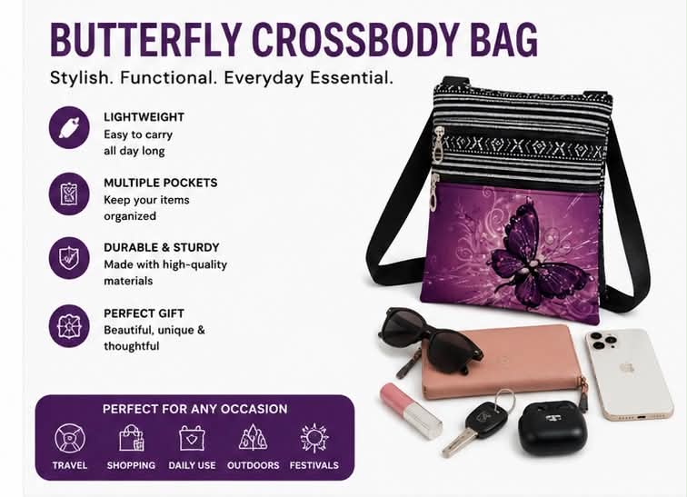 Butterfly Crossbody Bag Lightweight Shoulder Bag with Multiple Pockets