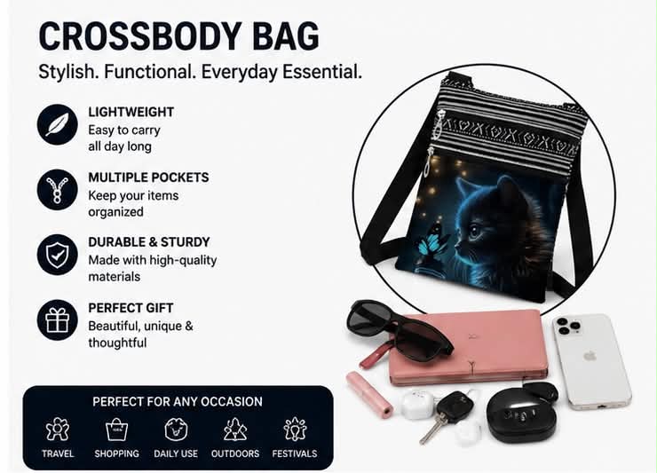 Kitten & Butterfly Crossbody Bag  Lightweight Shoulder Bag with Multiple Pockets
