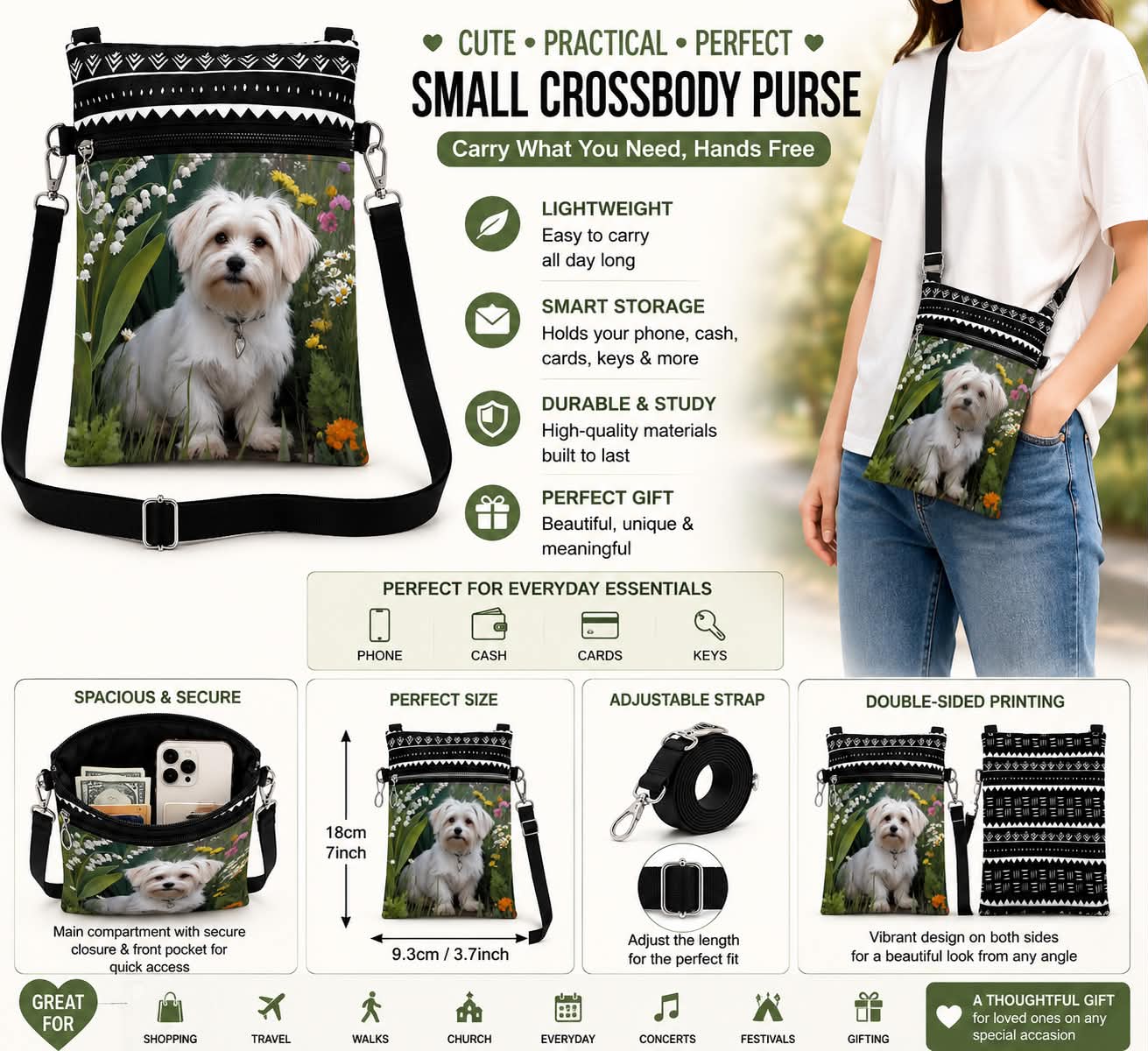 Small Crossbody Purse With Dog & Floral Print Lightweight & Adjustable Strap Secure Pockets Everyday Use Double-Sided Design
