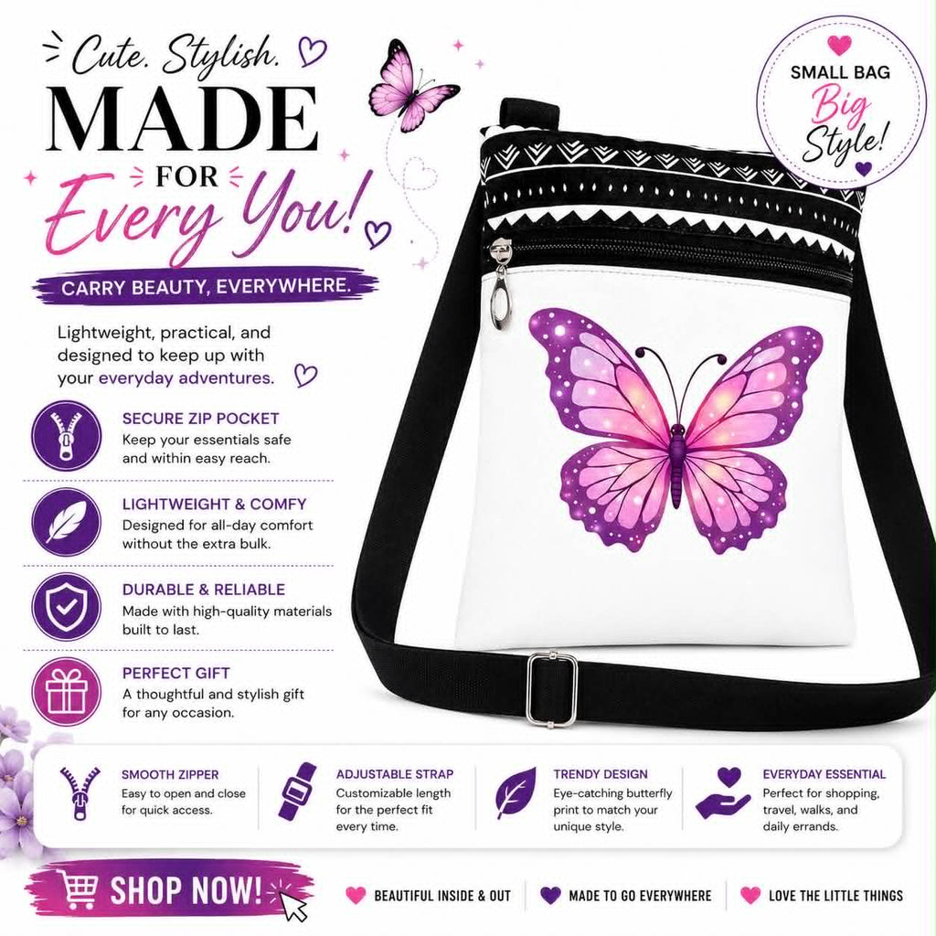 Butterfly Pink And Purphle Crossbody Bag
