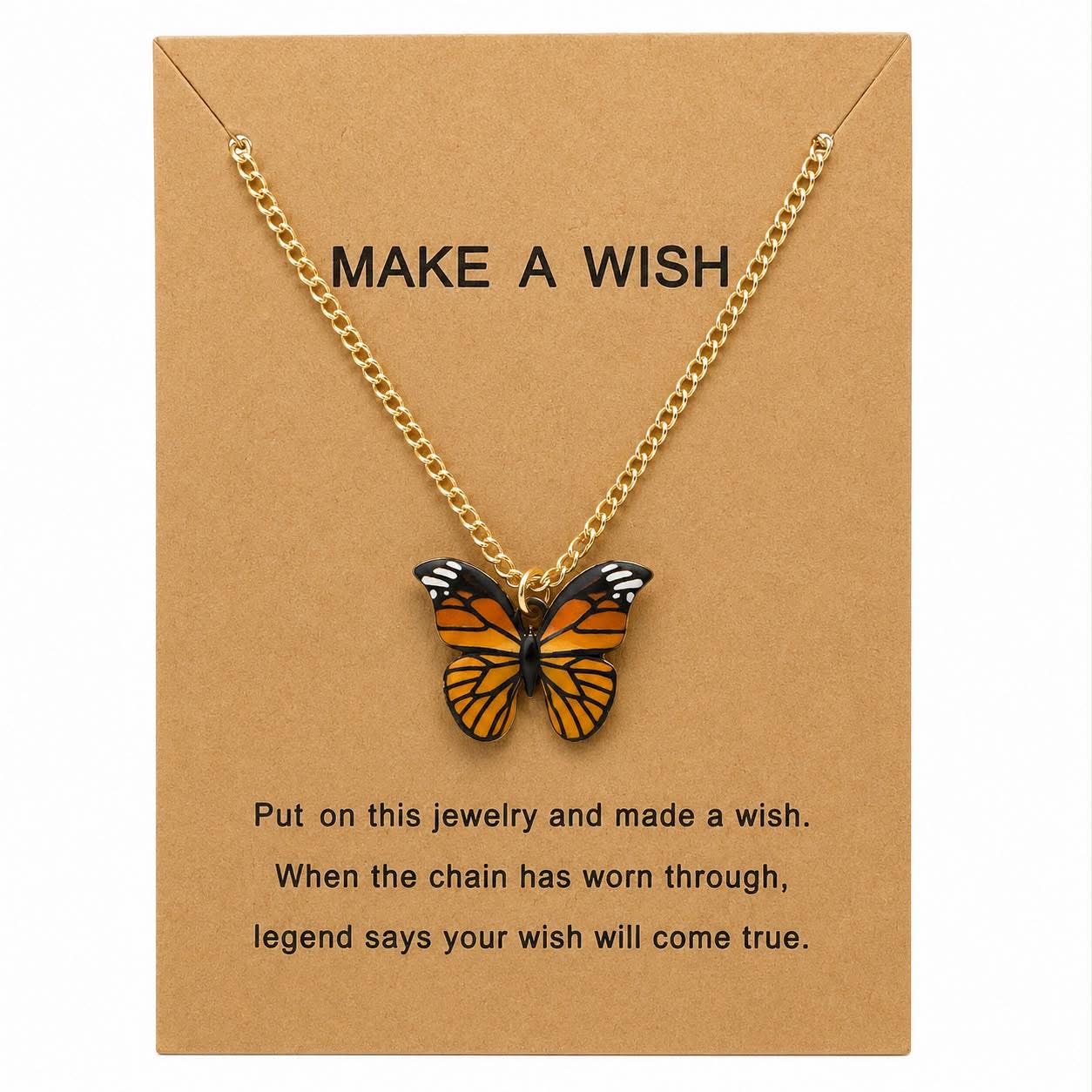 Monarch Butterfly Wish Necklace for Women – Orange Butterfly Pendant Necklace with Make A Wish Card, Cute Gold Tone Inspirational Jewelry Gift for Girls
