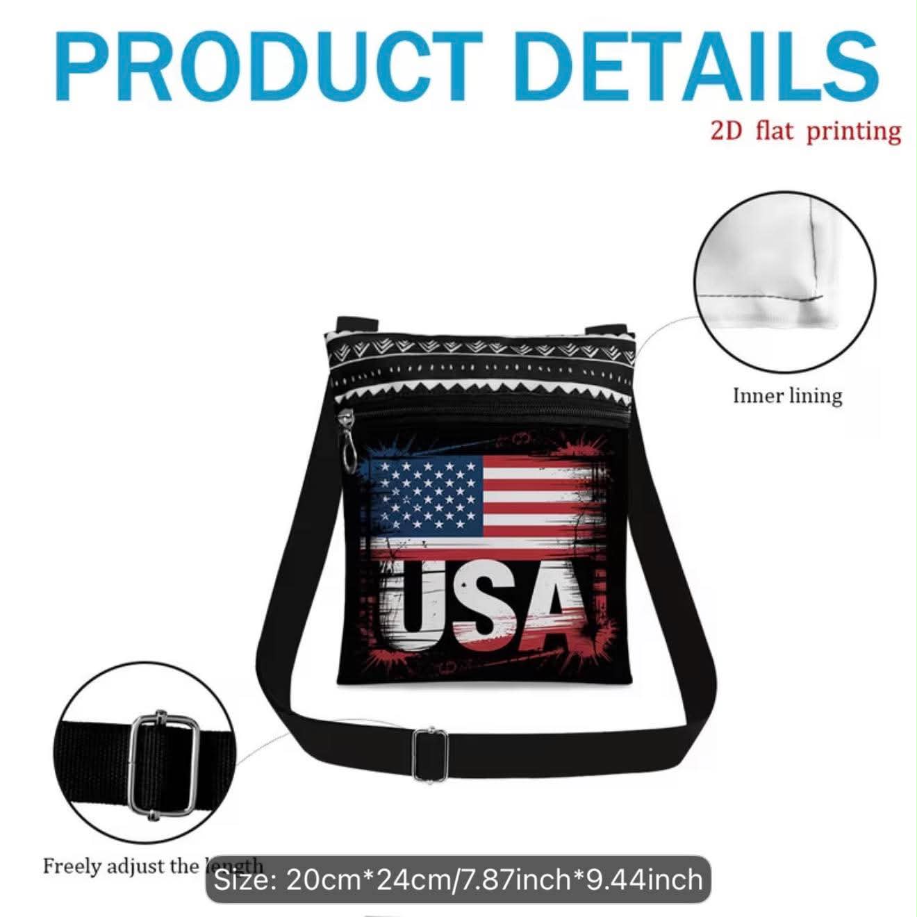 USA Flag Crossbody Bag for Women Patriotic Adjustable Shoulder Purse with Zipper Pocket Lightweight Small Messenger Travel Bag