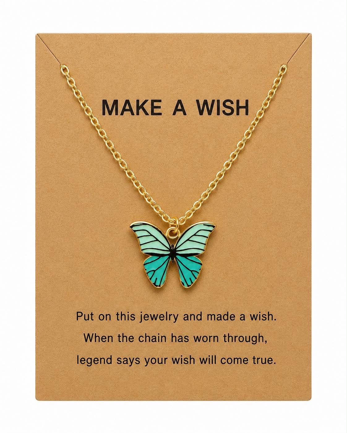 Blue Butterfly Wish Necklace for Women – Inspirational “Make A Wish” Butterfly Pendant Necklace with Gold Tone Chain, Cute Jewelry Gift for Girls