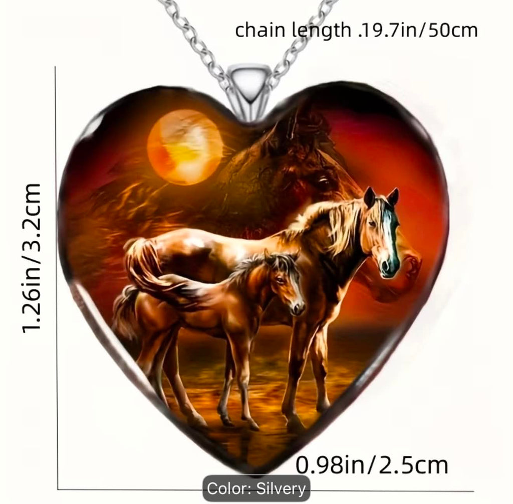 Wild Horses Heart Necklace Pendant With Sunset Scene Perfect Gift For Horse Lovers 19.7 in Chain Silvery Alloy Design