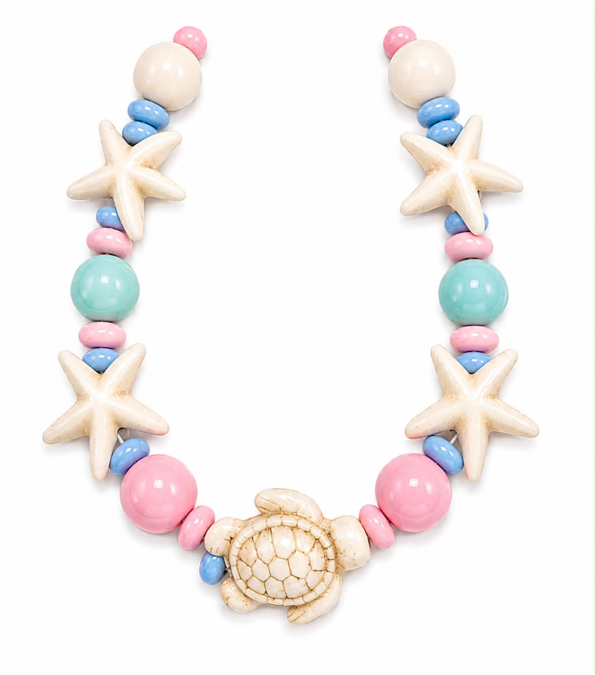 Sea Turtle & Starfish Beaded Bracelet for Girls Women – Beach Ocean Charm Stretch Bracelet – Pastel Pink Blue White Coastal Jewelry Gift