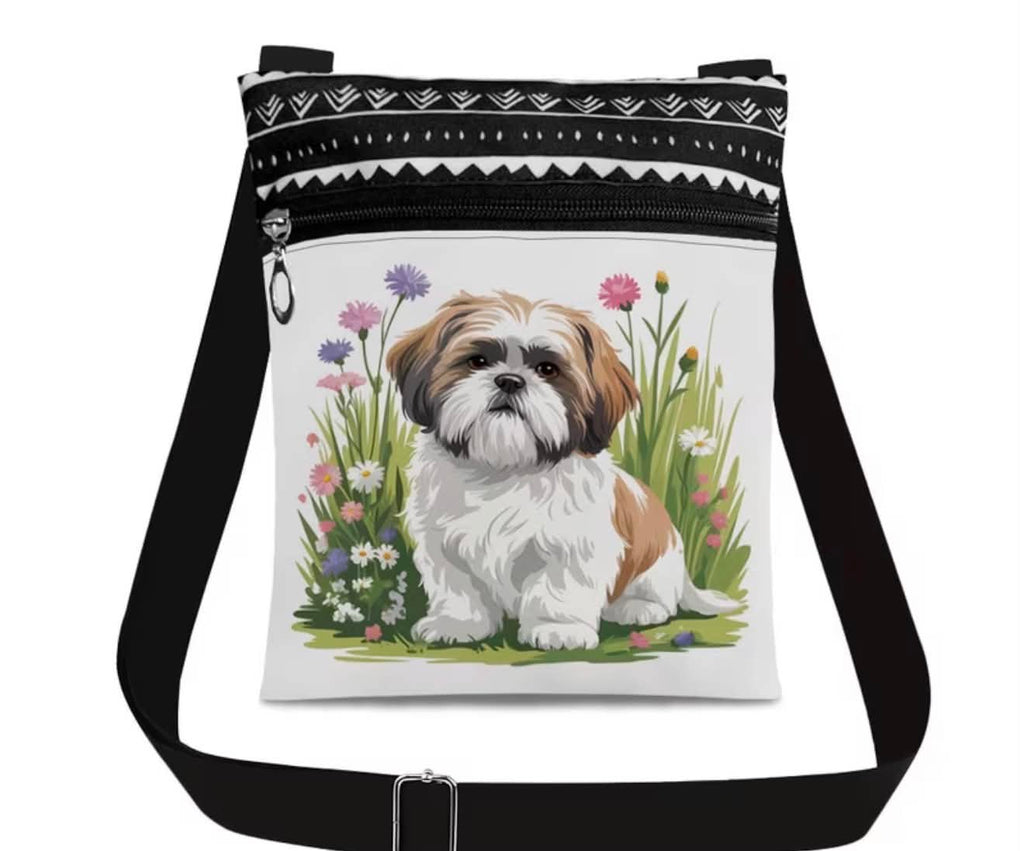 Dog & Flowers Crossbody Bag Lightweight Shoulder Bag With Multiple Pockets