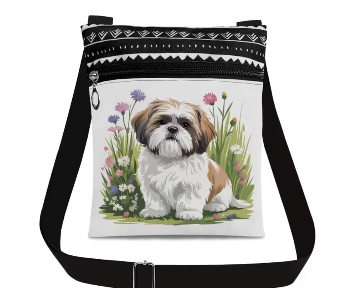 Dog & Flowers Crossbody Bag Lightweight Shoulder Bag With Multiple Pockets