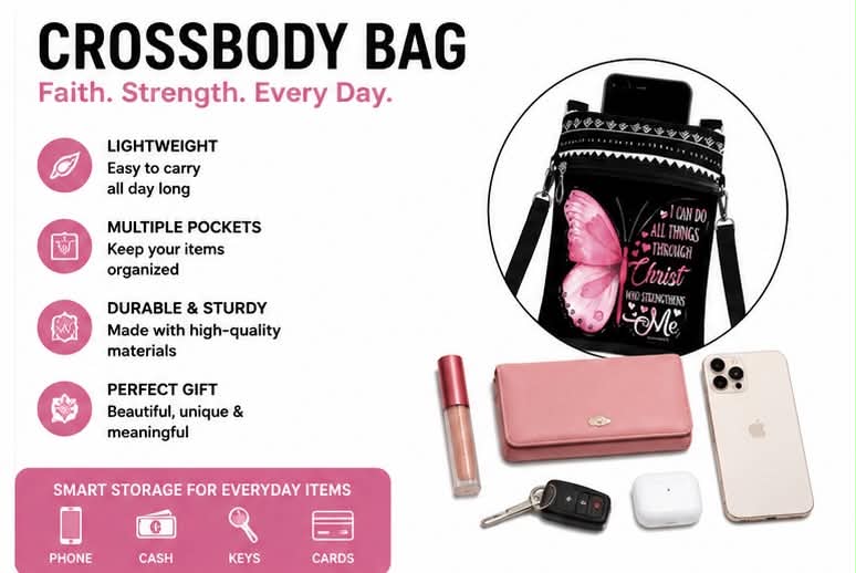Christian crossbody Bag I Can Do All Things Through Christ Butterfly Shoulder Bag With Adjustable Strap & Pockets