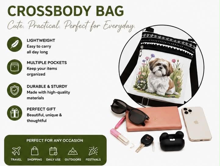 Dog & Flowers Crossbody Bag Lightweight Shoulder Bag With Multiple Pockets
