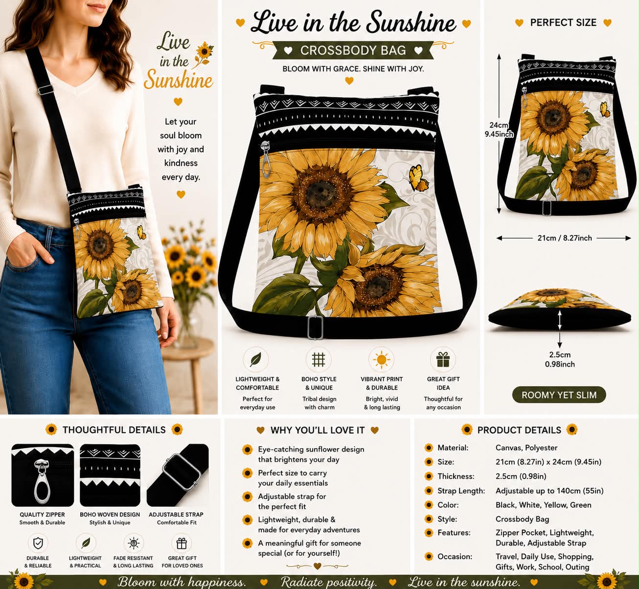 Live In The Sunshine Sunflower Canvas Crossbody Bag With Adjustable Strap, Lightweight, Durable, 21 x 24 cm