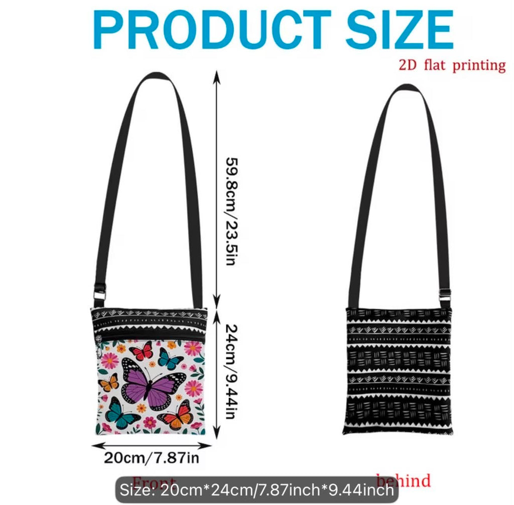 Butterfly Print Small Crossbody Purse With Adjustable Strap & Zipper Closure