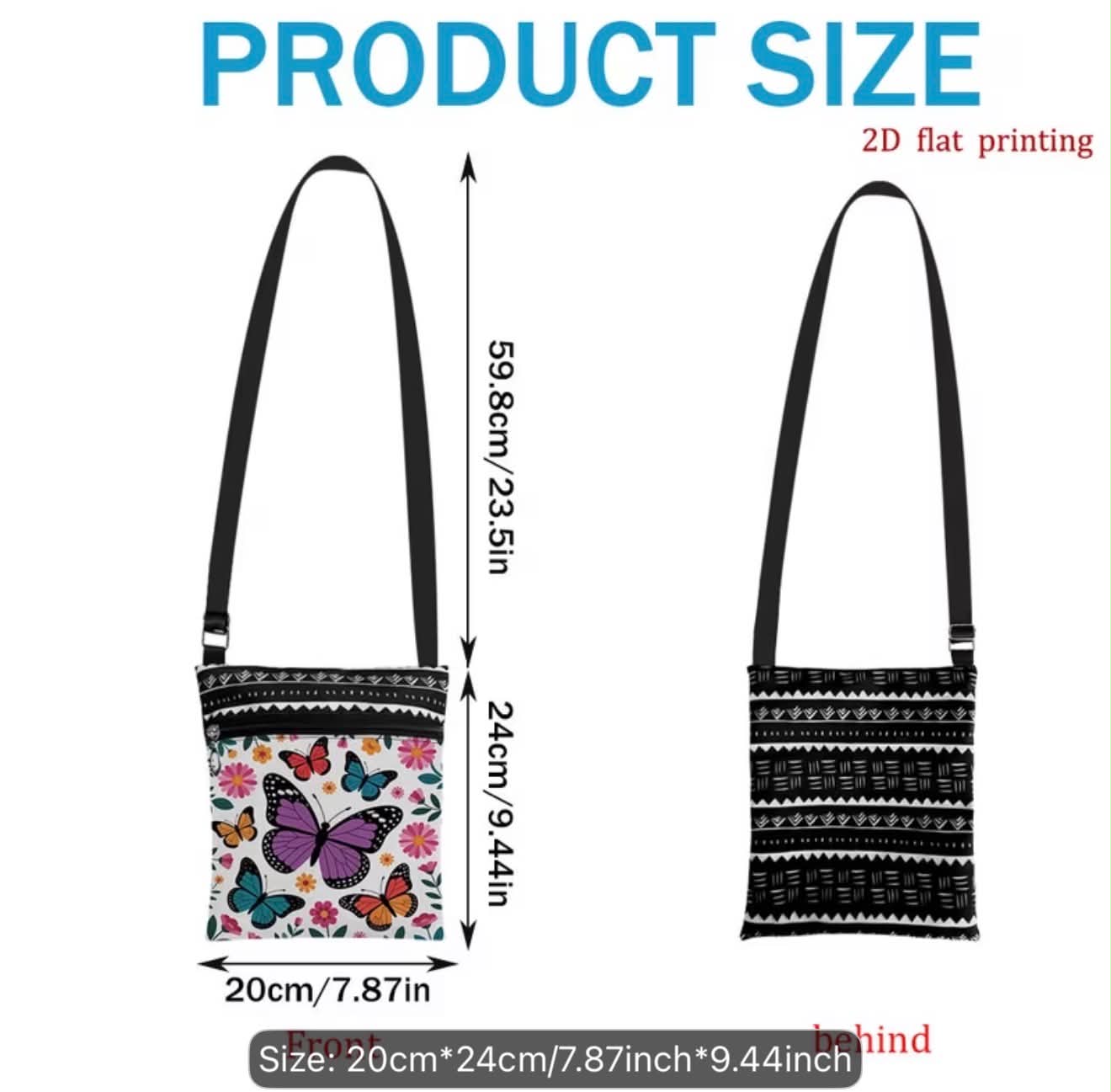 Butterfly Print Small Crossbody Purse With Adjustable Strap & Zipper Closure