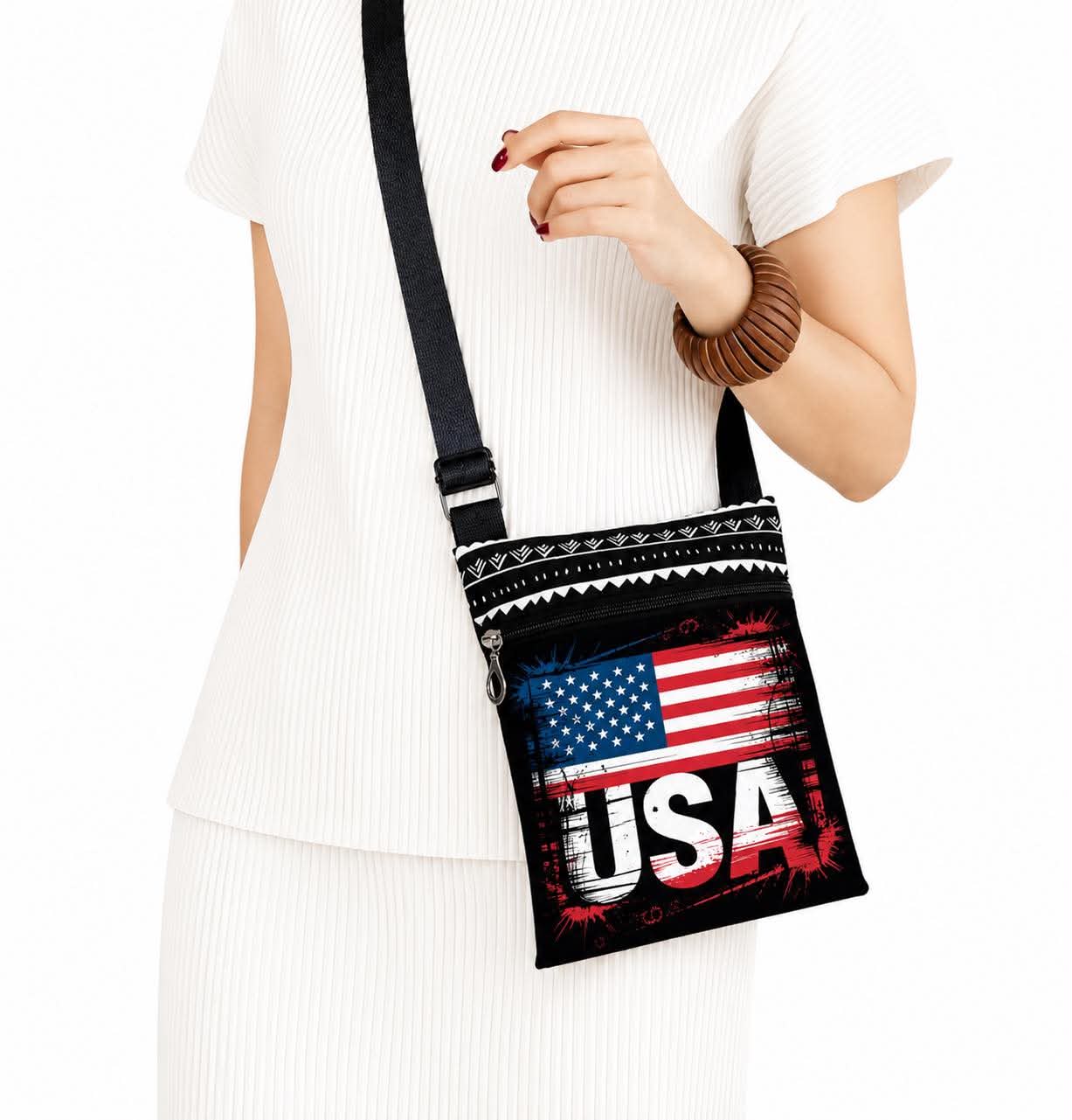 USA Flag Crossbody Bag for Women Patriotic Adjustable Shoulder Purse with Zipper Pocket Lightweight Small Messenger Travel Bag