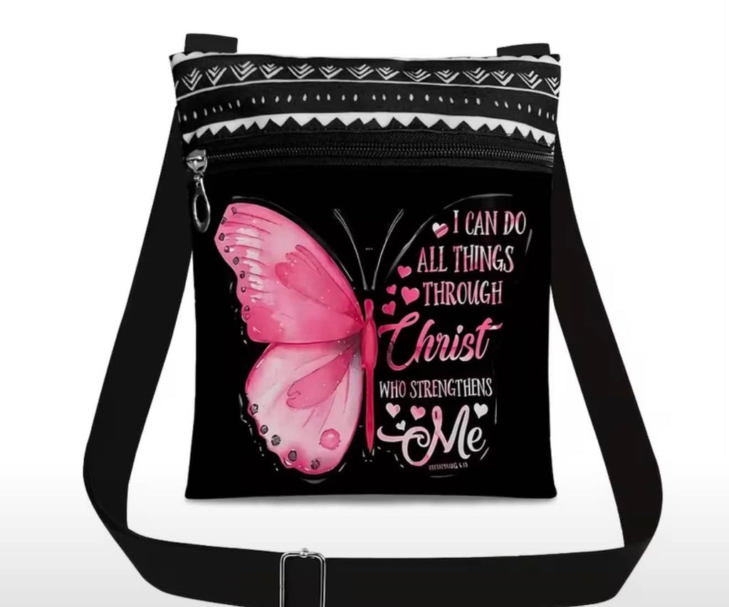 Christian crossbody Bag I Can Do All Things Through Christ Butterfly Shoulder Bag With Adjustable Strap & Pockets