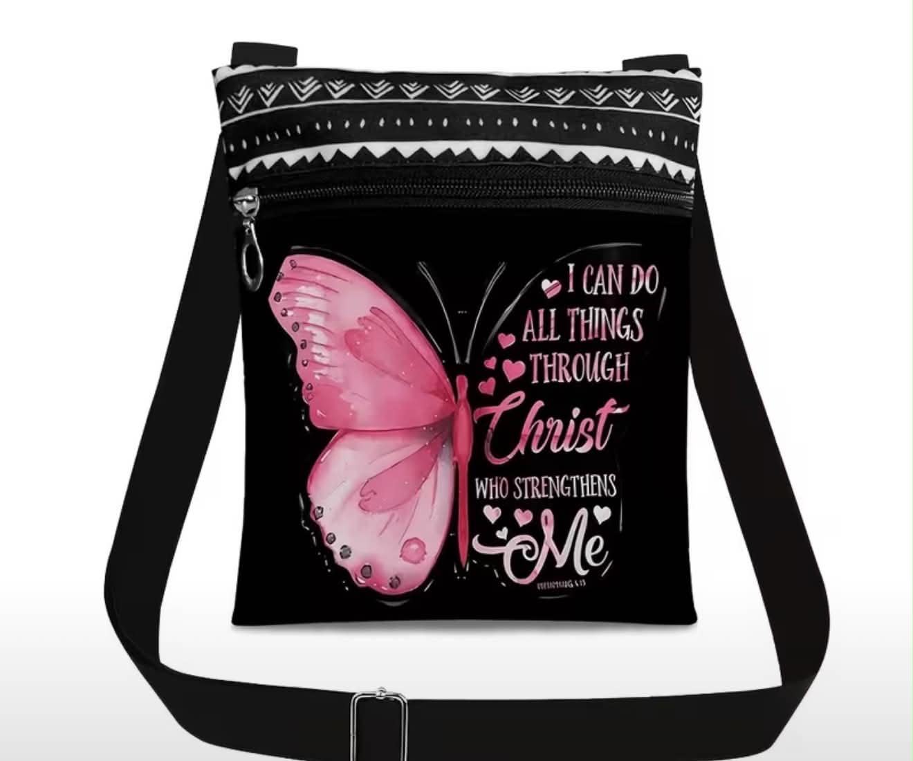 Christian crossbody Bag I Can Do All Things Through Christ Butterfly Shoulder Bag With Adjustable Strap & Pockets
