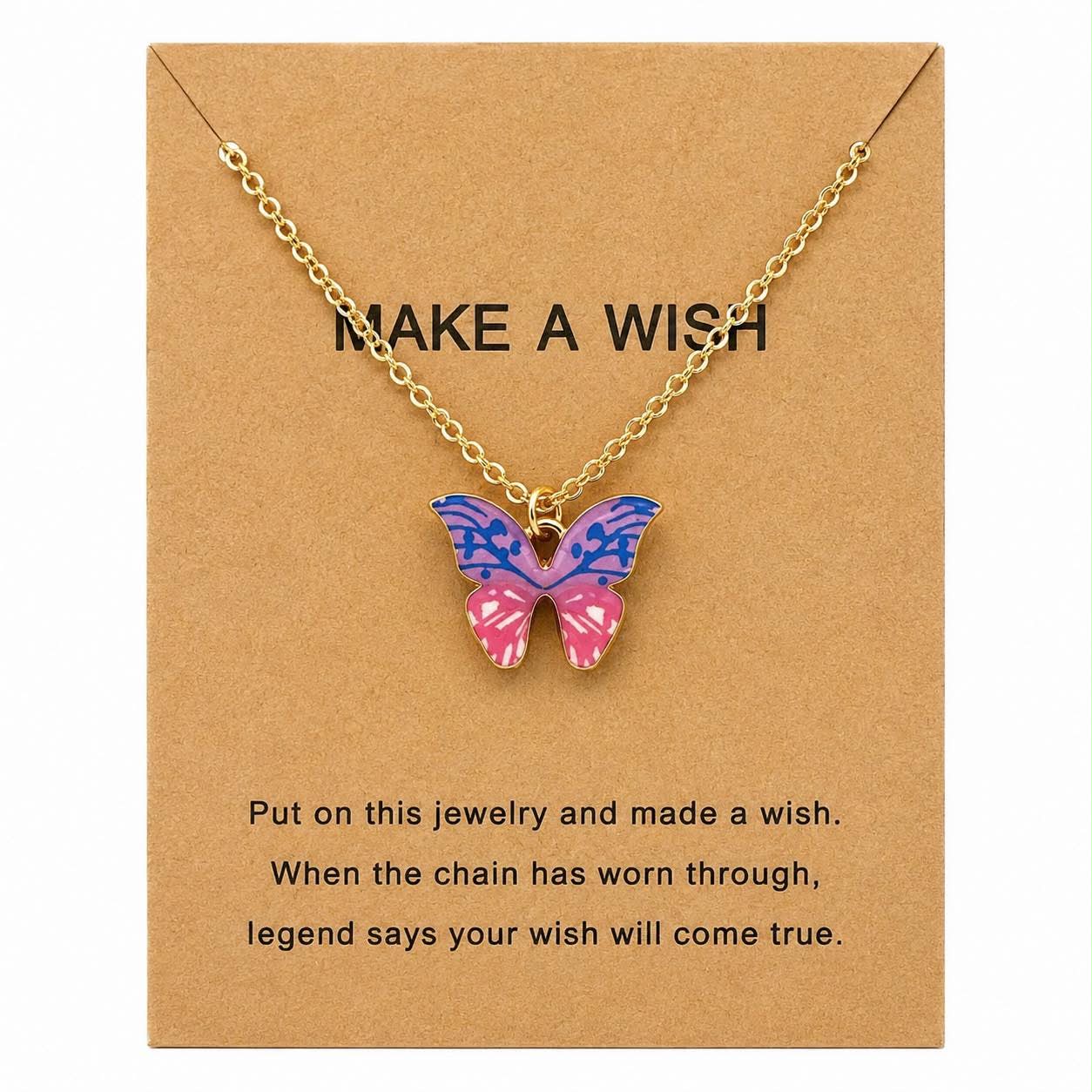 Butterfly Wish Necklace for Women – Colorful Butterfly Pendant Necklace with Inspirational Wish Card, Cute Gold Tone Jewelry Gift for Girls & Women