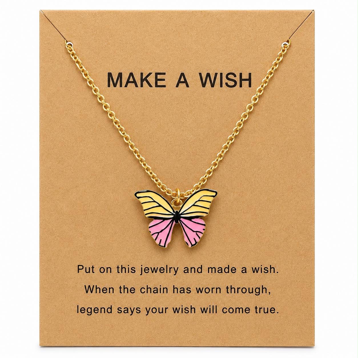 Butterfly Wish Necklace for Women – Pink & Yellow Butterfly Pendant Necklace with Inspirational Make A Wish Card, Cute Gold Tone Jewelry Gift for Girls