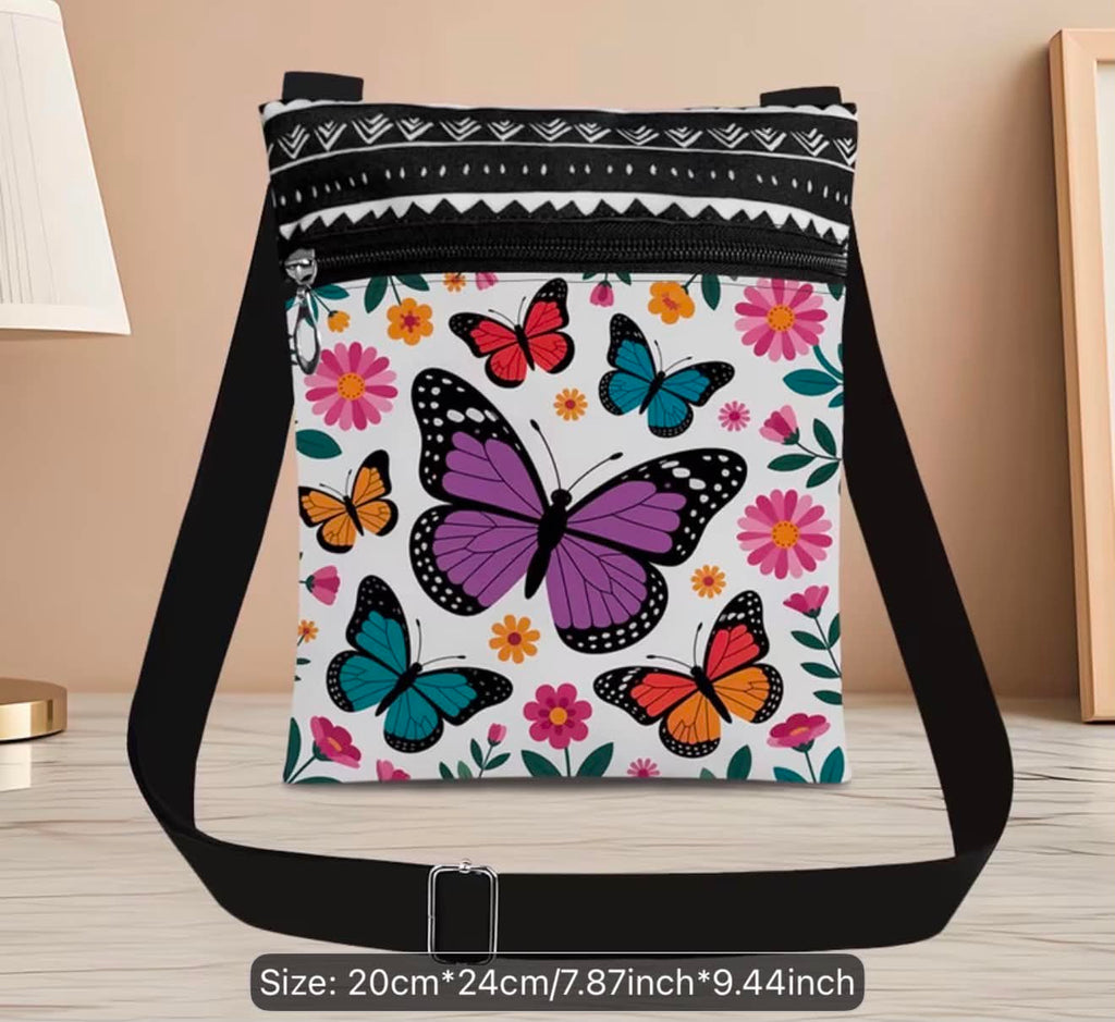 Butterfly Print Small Crossbody Purse With Adjustable Strap & Zipper Closure
