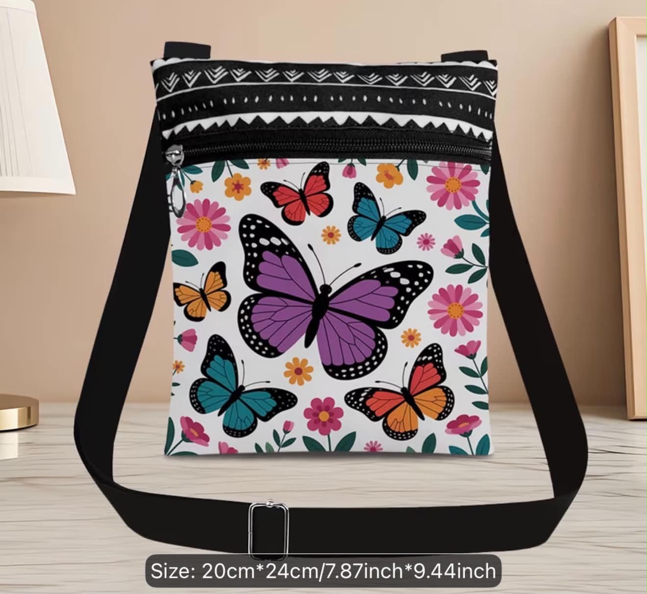 Butterfly Print Small Crossbody Purse With Adjustable Strap & Zipper Closure