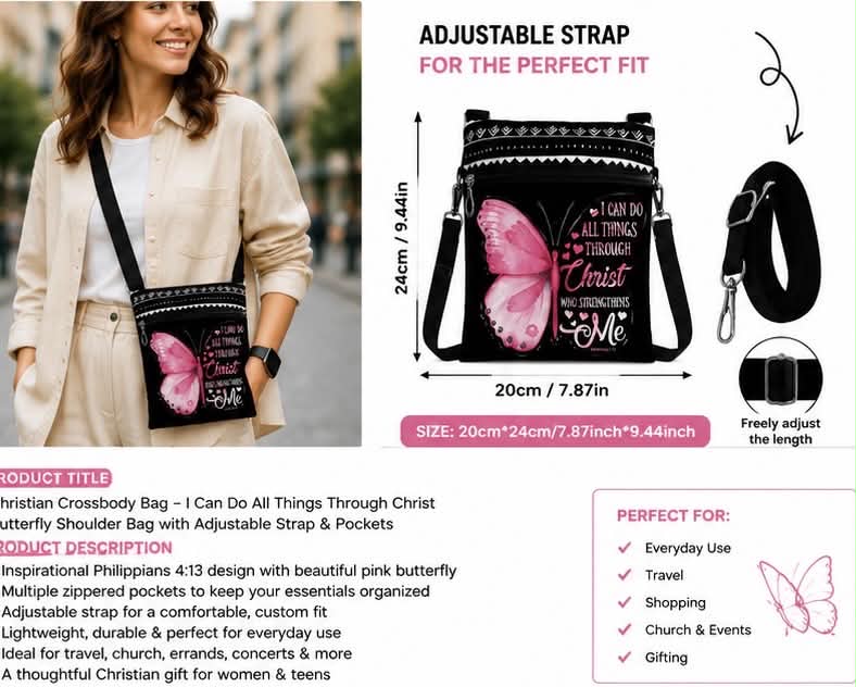 Christian crossbody Bag I Can Do All Things Through Christ Butterfly Shoulder Bag With Adjustable Strap & Pockets