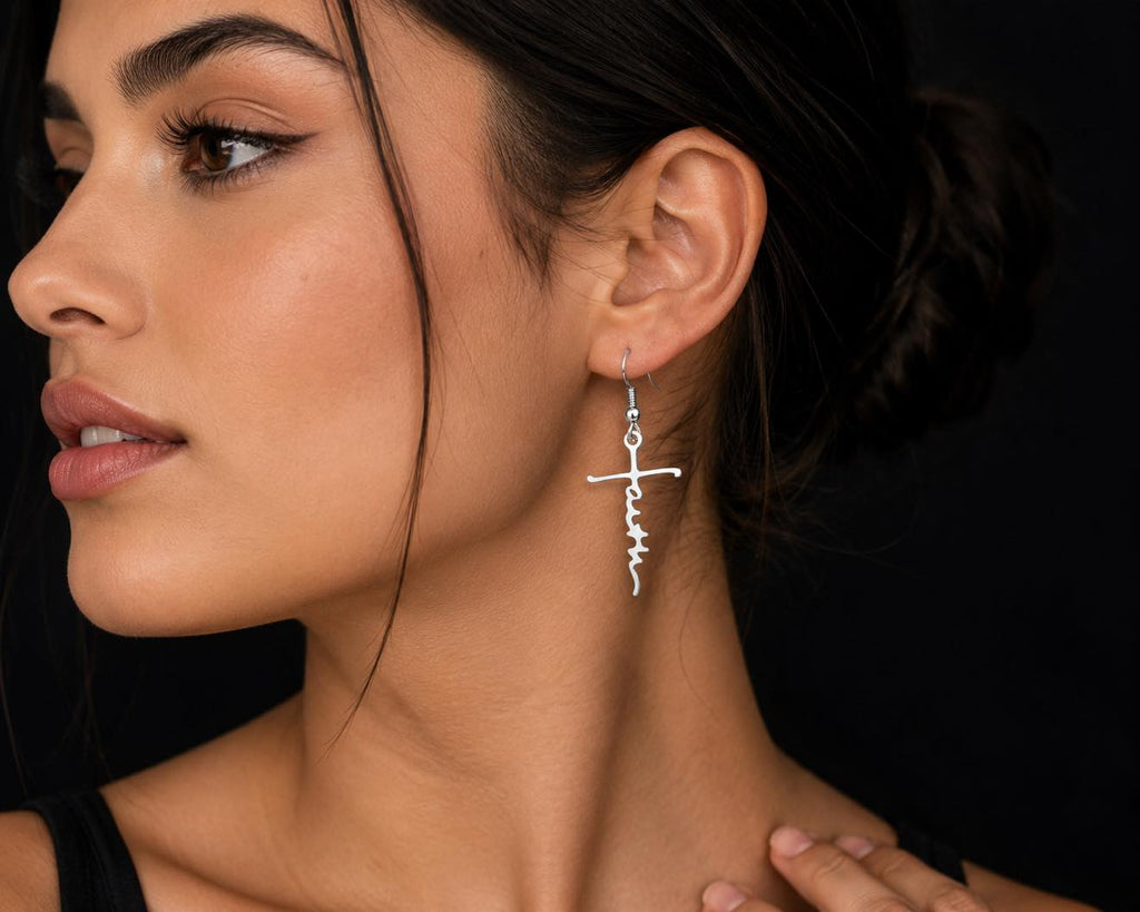Faith Unique Cross Design Silver Drop Earrings