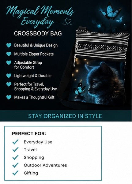 Kitten & Butterfly Crossbody Bag  Lightweight Shoulder Bag with Multiple Pockets