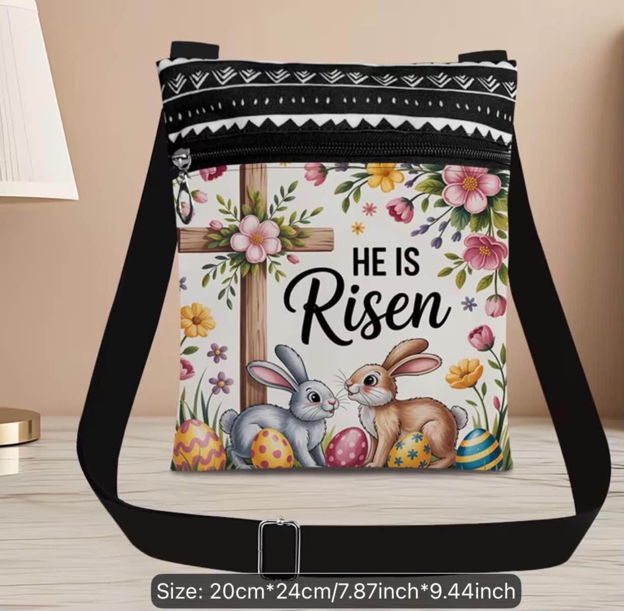 Easter Crossbody Bag With "He Is Risen" Design Floral & Bunny