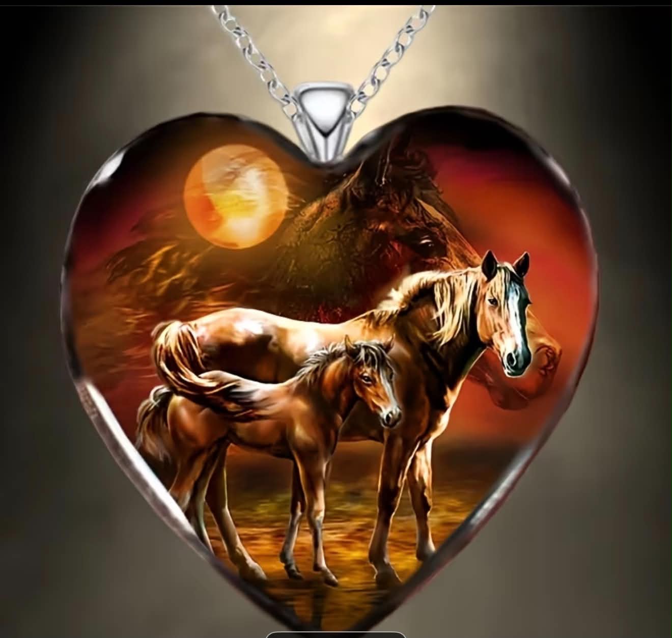 Wild Horses Heart Necklace Pendant With Sunset Scene Perfect Gift For Horse Lovers 19.7 in Chain Silvery Alloy Design