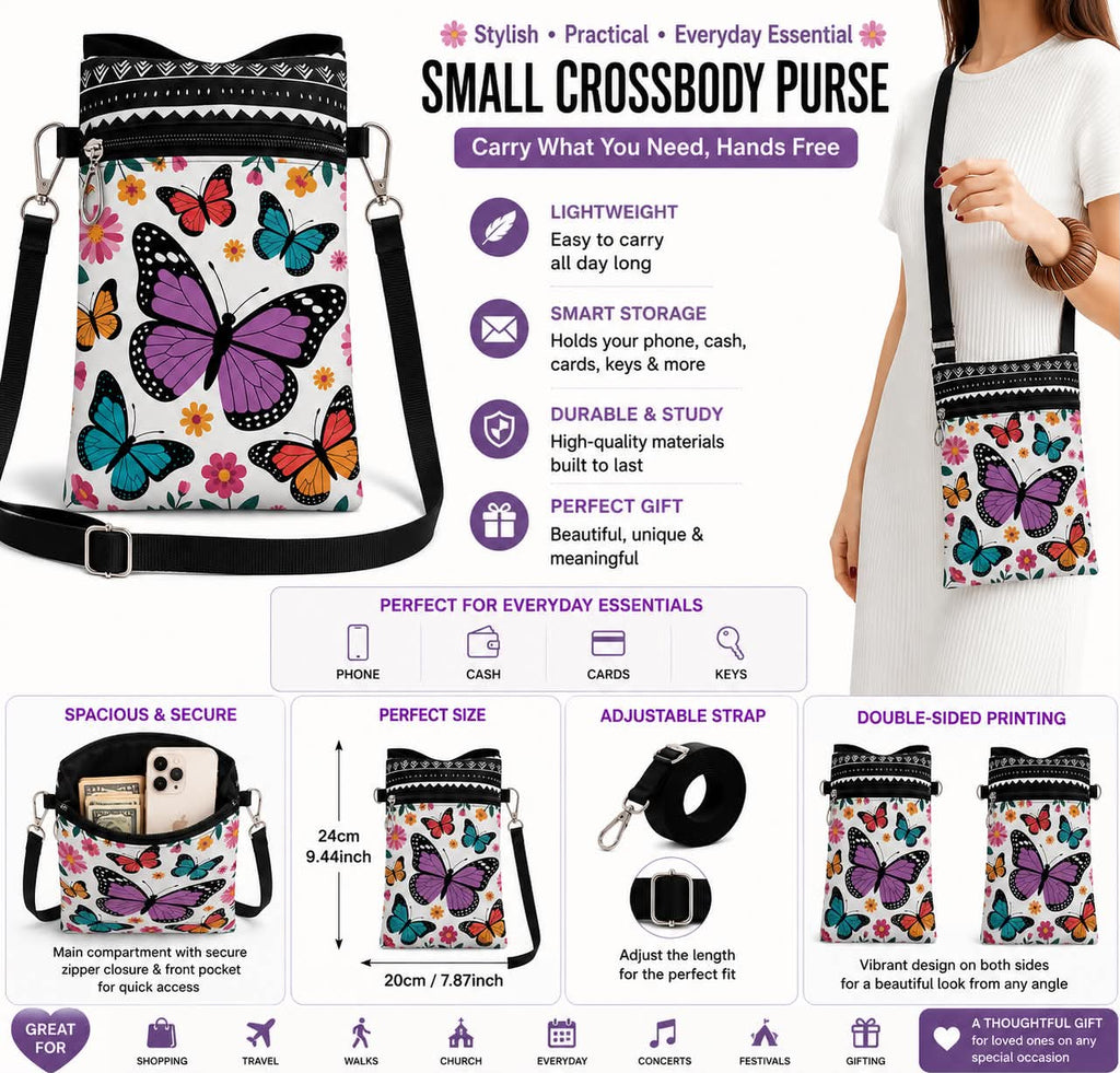 Butterfly Print Small Crossbody Purse With Adjustable Strap & Zipper Closure