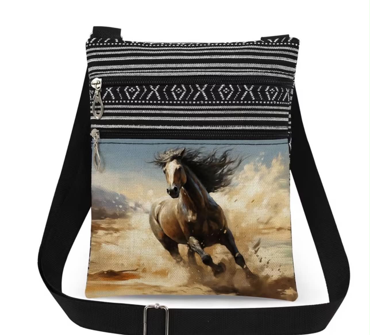 Wild & Free Horse Print Canvas Crossbody Bag With Adjustable Strap & Multiple Zippered Compartments Lightweight & Durable