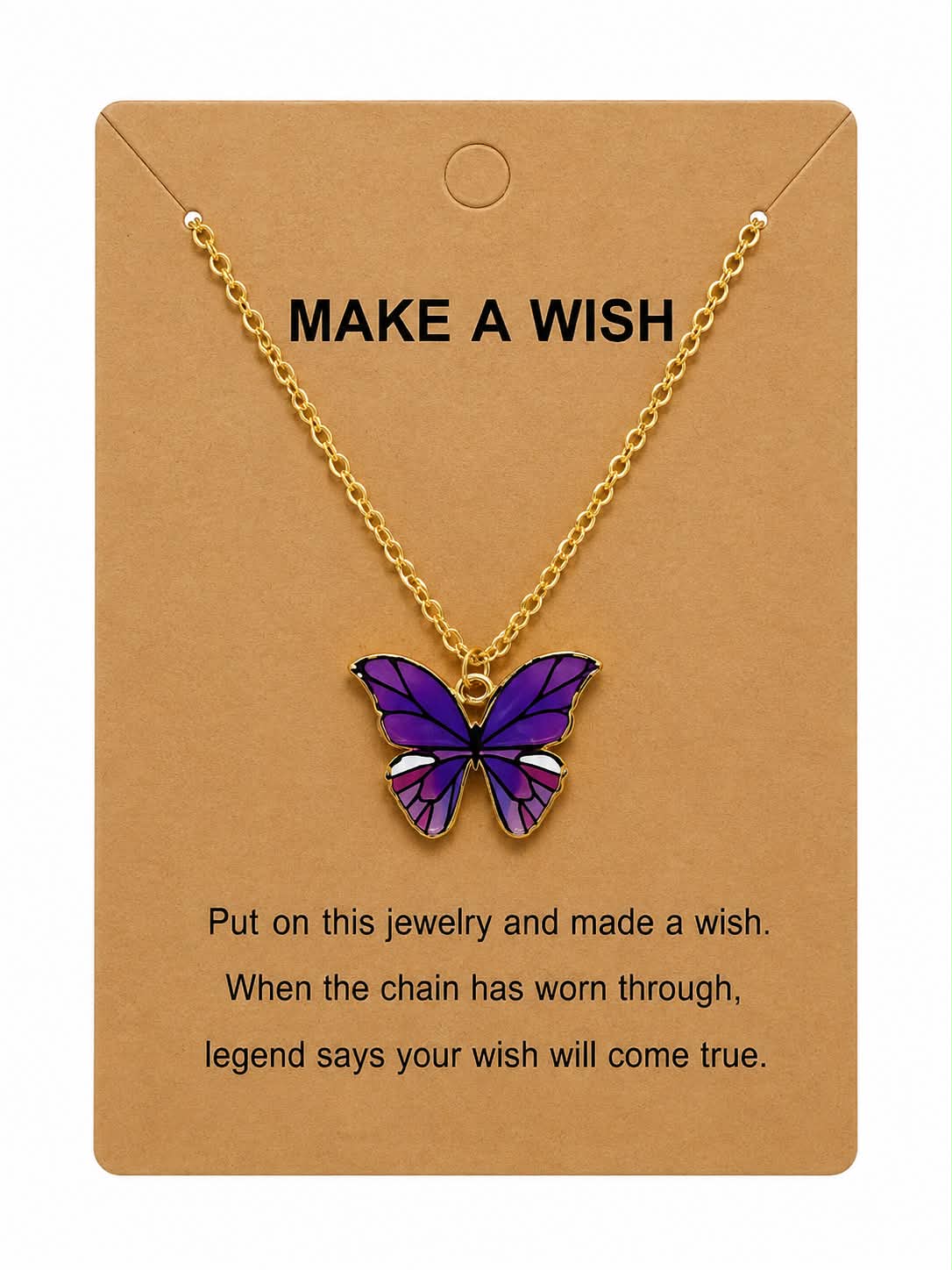 Purple Butterfly Wish Necklace for Women – Inspirational “Make A Wish” Butterfly Pendant Necklace with Gold Tone Chain, Cute Jewelry Gift for Girls