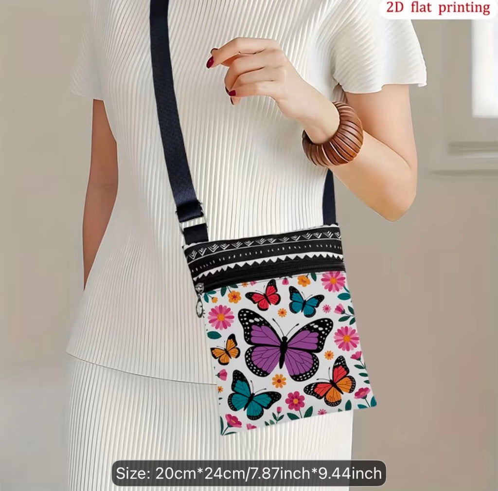 Butterfly Print Small Crossbody Purse With Adjustable Strap & Zipper Closure