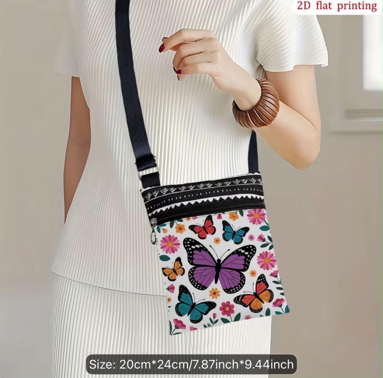 Butterfly Print Small Crossbody Purse With Adjustable Strap & Zipper Closure