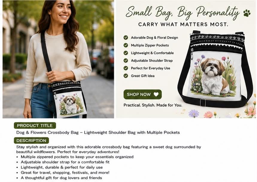 Dog & Flowers Crossbody Bag Lightweight Shoulder Bag With Multiple Pockets