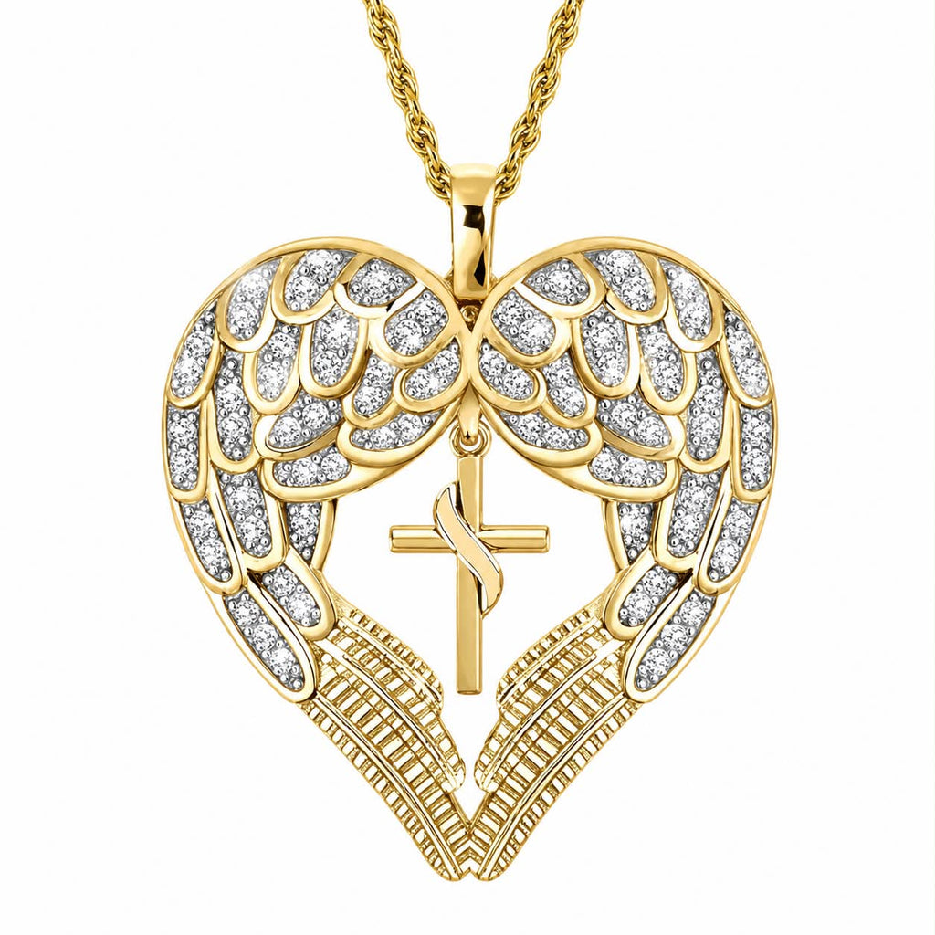 Angel Wing Heart Cross Necklace – Gold Tone Inspirational Pendant Necklace for Women