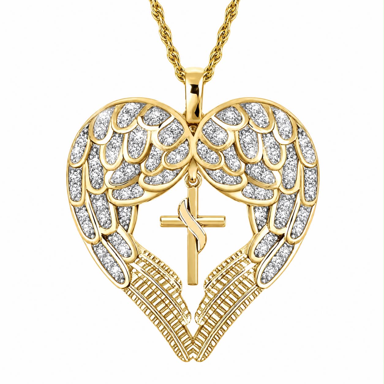 Angel Wing Heart Cross Necklace – Gold Tone Inspirational Pendant Necklace for Women