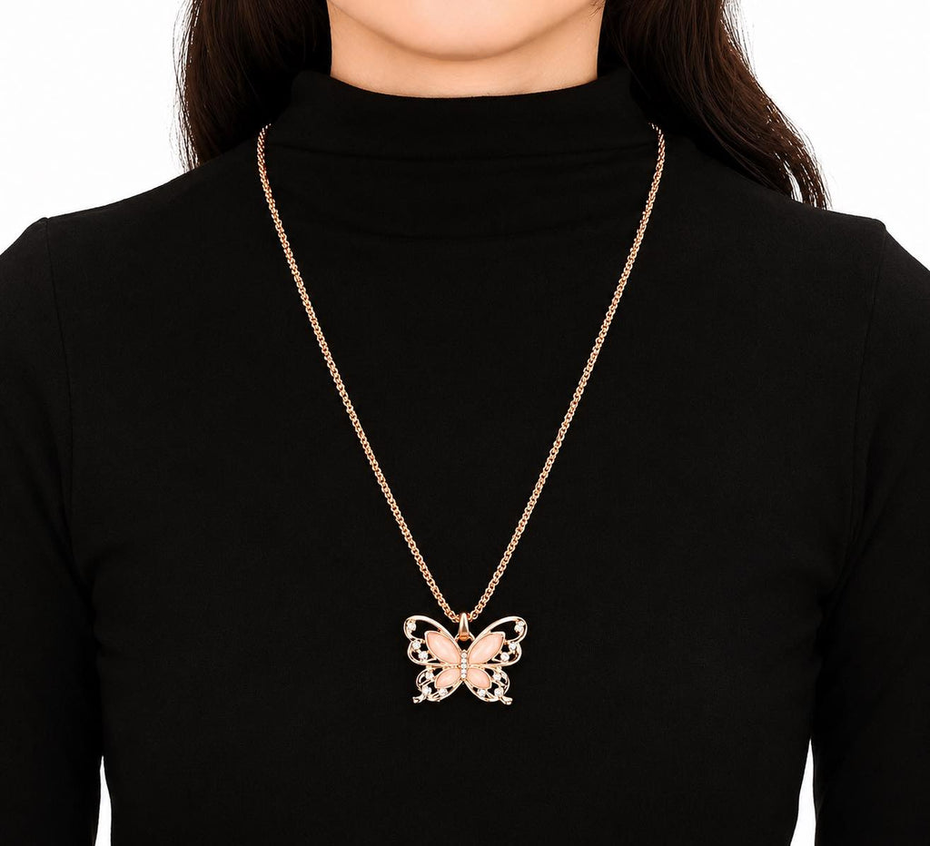 Elegant Butterfly Pendant Necklace for Women Rose Gold Tone Stainless Steel Necklace with Synthetic Zirconia Crystal Butterfly Charm Jewelry