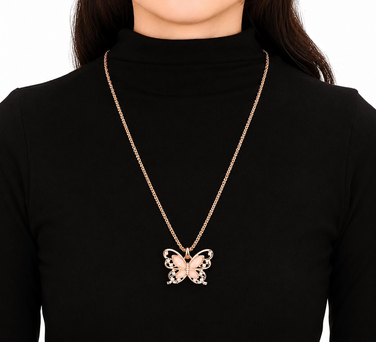 Elegant Butterfly Pendant Necklace for Women Rose Gold Tone Stainless Steel Necklace with Synthetic Zirconia Crystal Butterfly Charm Jewelry